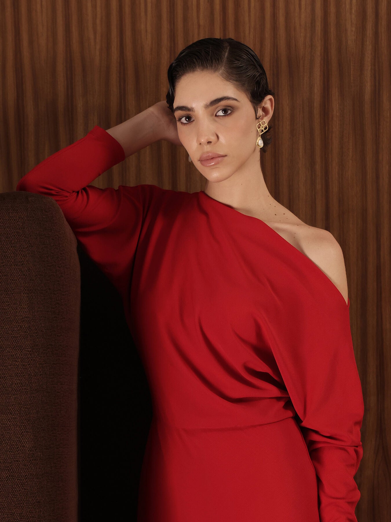 Off-Shoulder Sheath Dress - Red