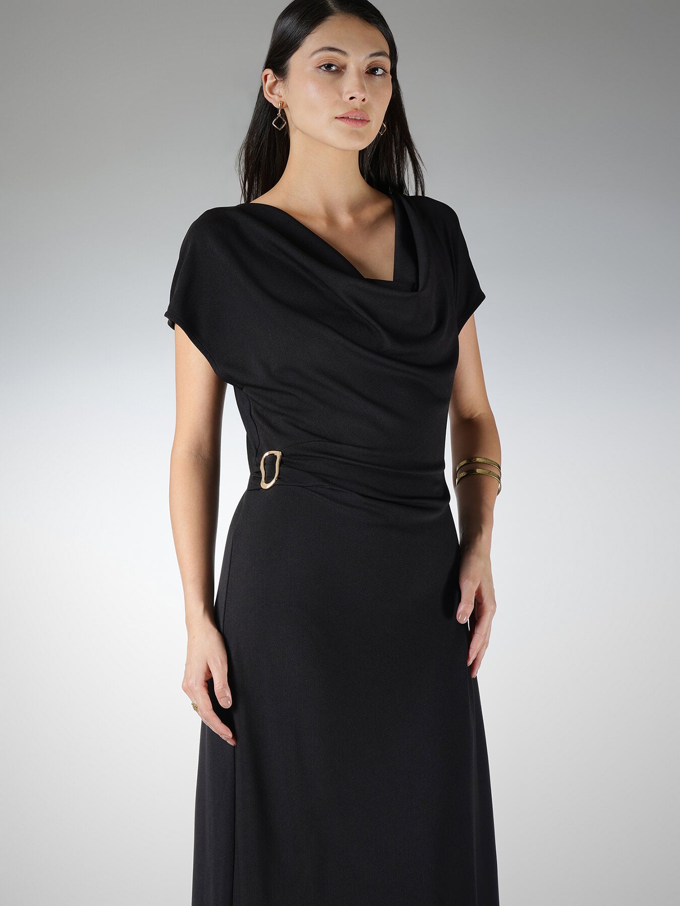 Cowl Neck A-Line Maxi Dress - Black