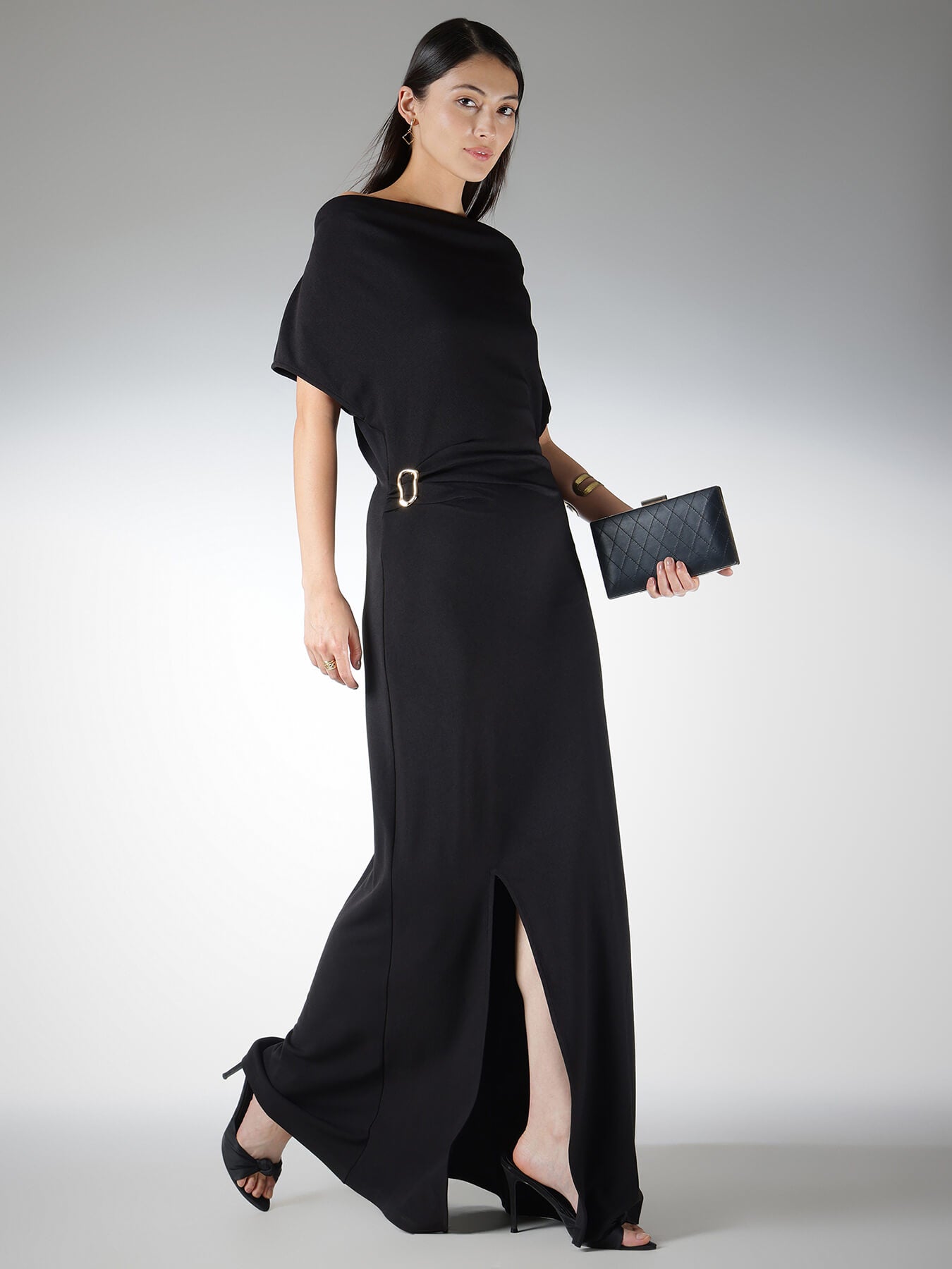 Cowl Neck A-Line Maxi Dress - Black