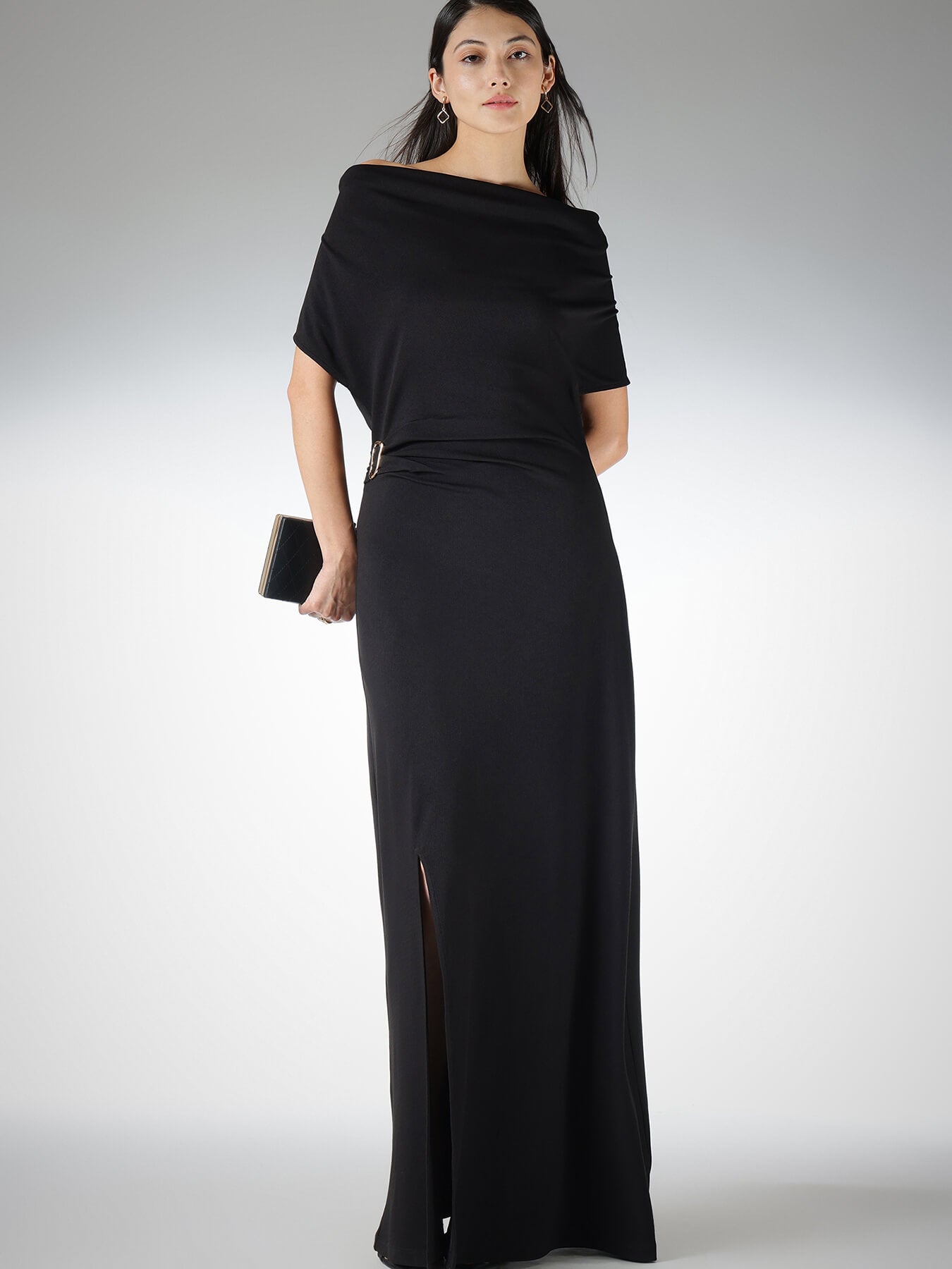 Cowl Neck A-Line Maxi Dress - Black