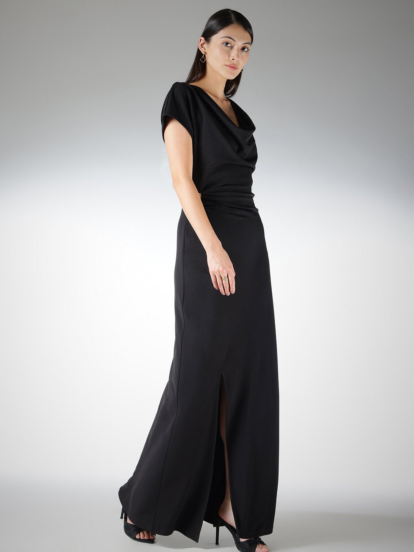 Cowl Neck A-Line Maxi Dress - Black