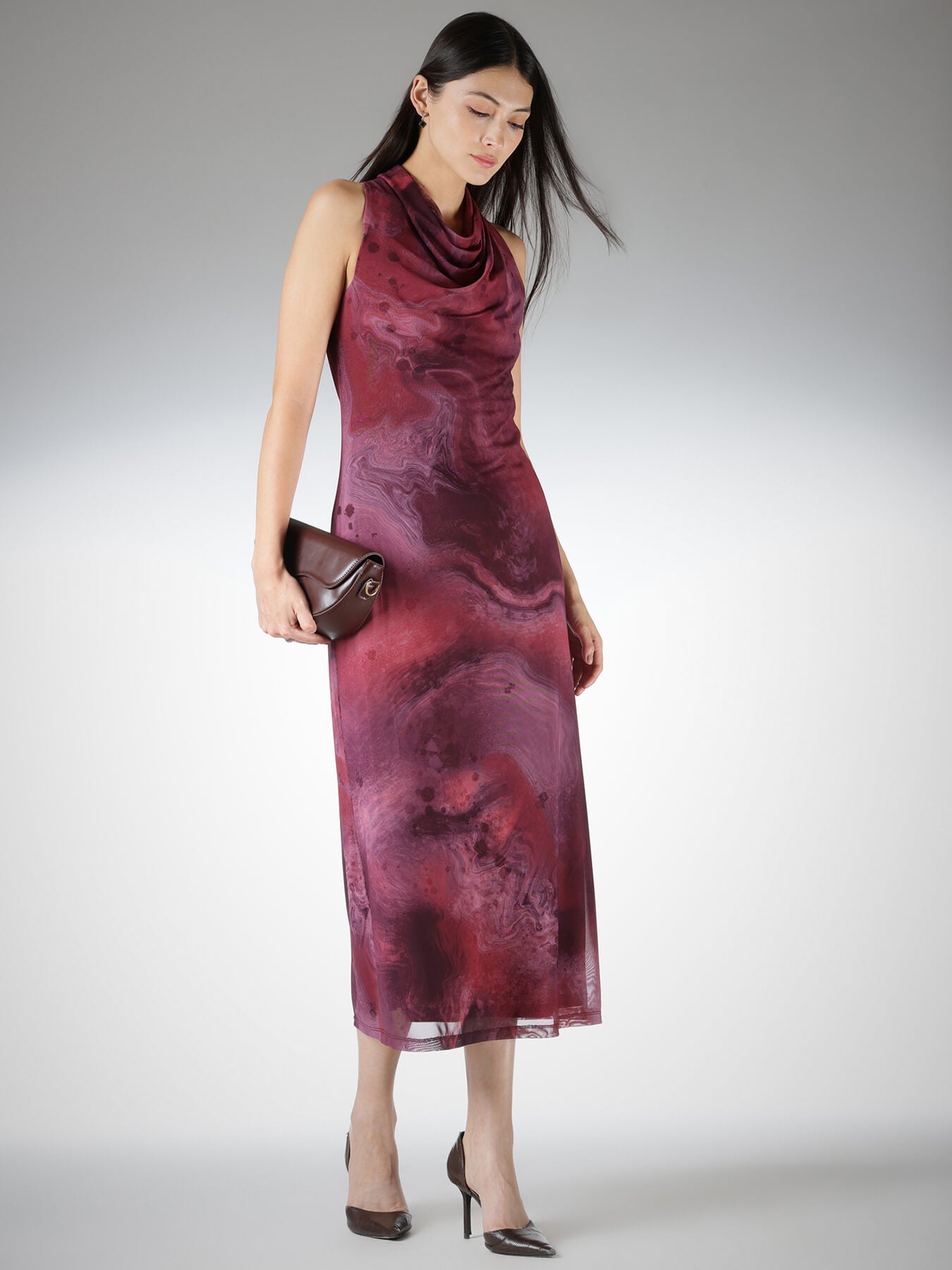 Mesh Marble Print Sheath Dress - Wine