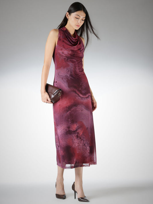 Mesh Marble Print Sheath Dress - Wine