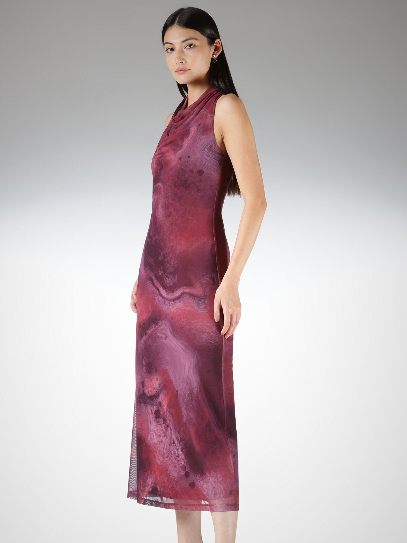 Mesh Marble Print Sheath Dress - Wine