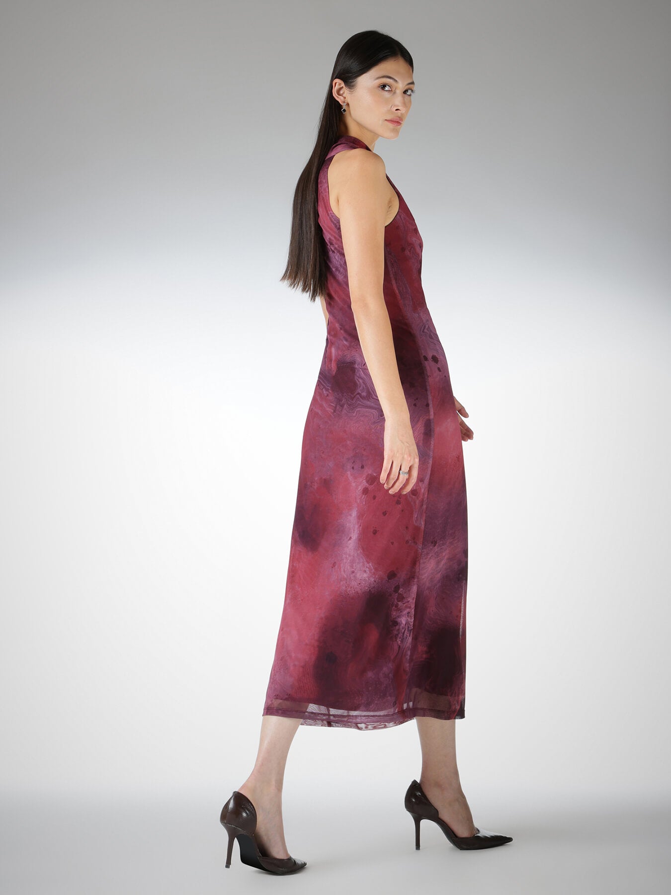 Mesh Marble Print Sheath Dress - Wine