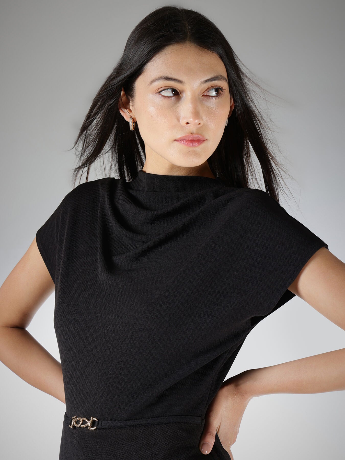 High Cowl Neck Shift Dress - Black