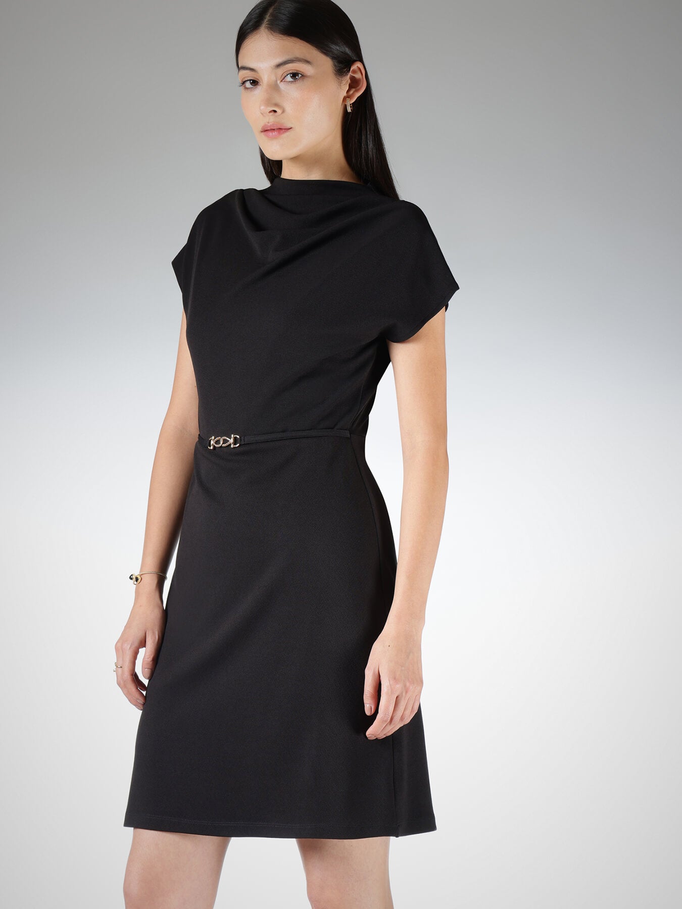 High Cowl Neck Shift Dress - Black
