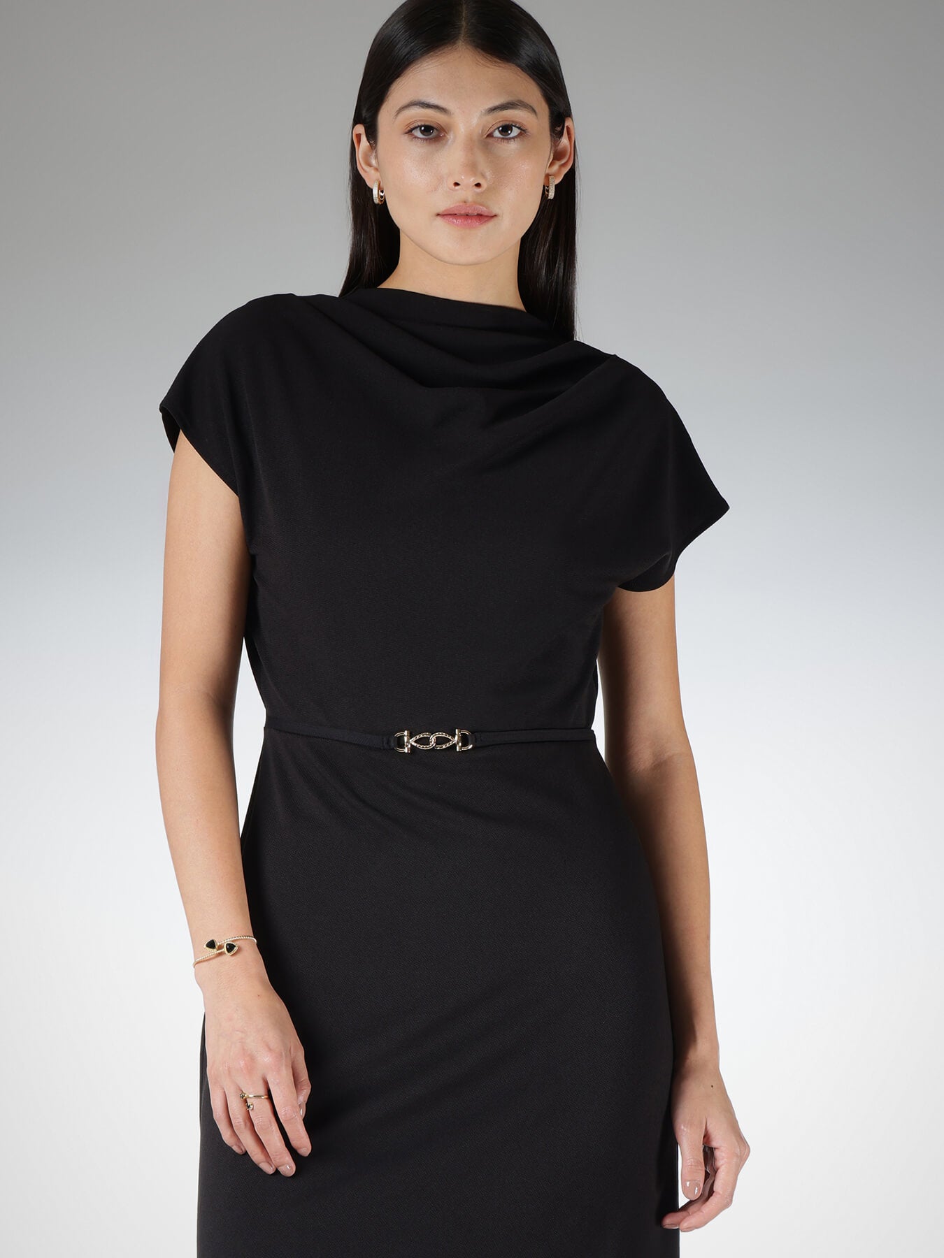 High Cowl Neck Shift Dress - Black