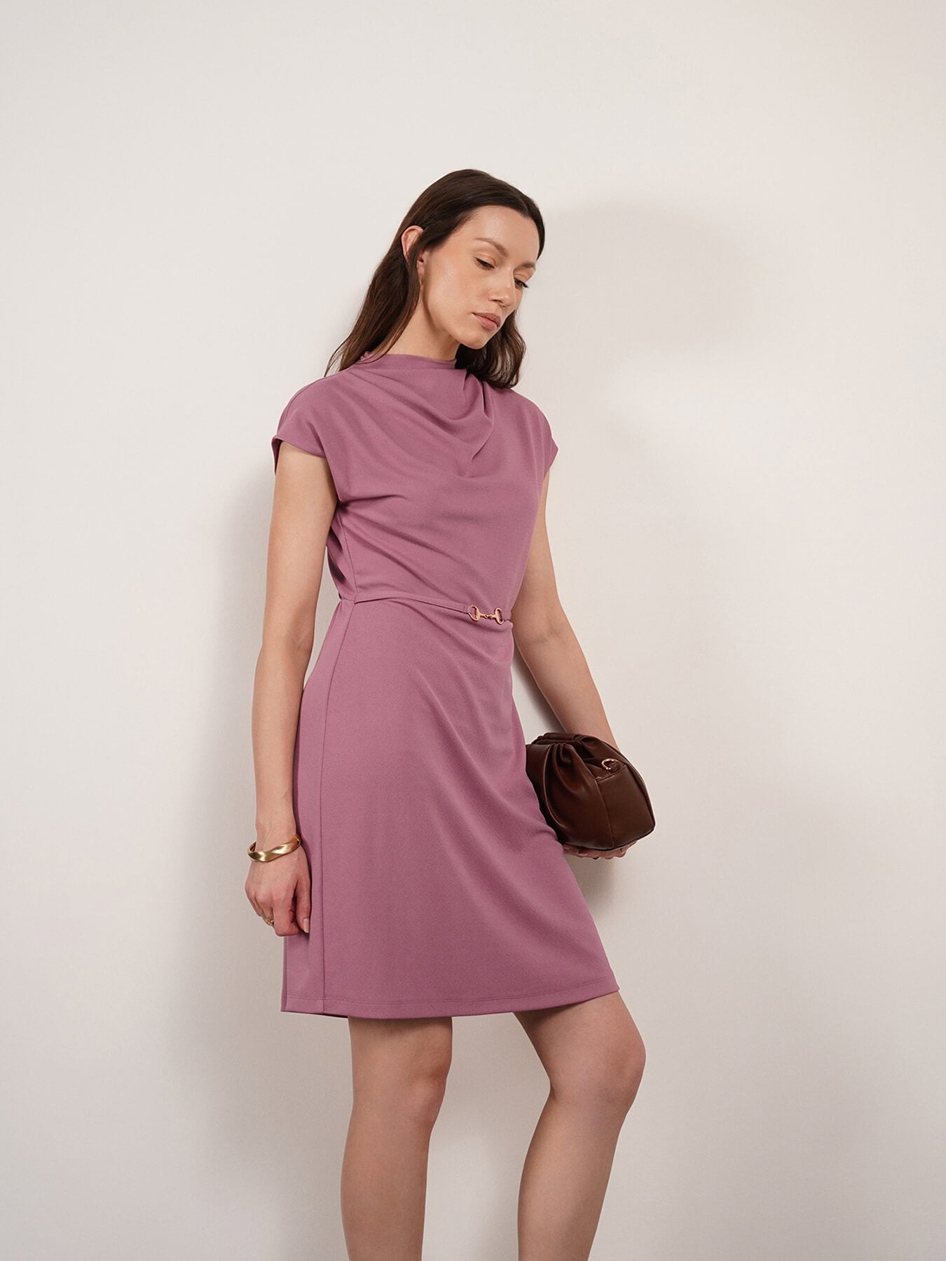 Cowl Neck Shift Dress - Pink