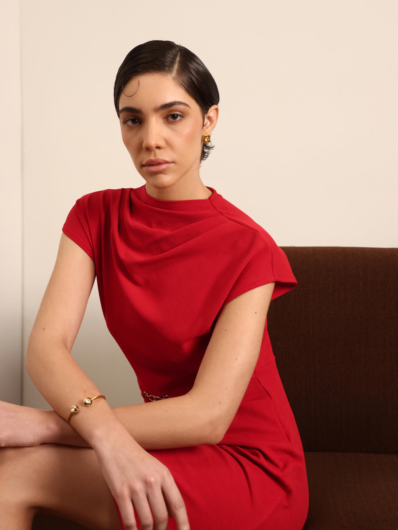 Cowl Neck Shift Dress - Red