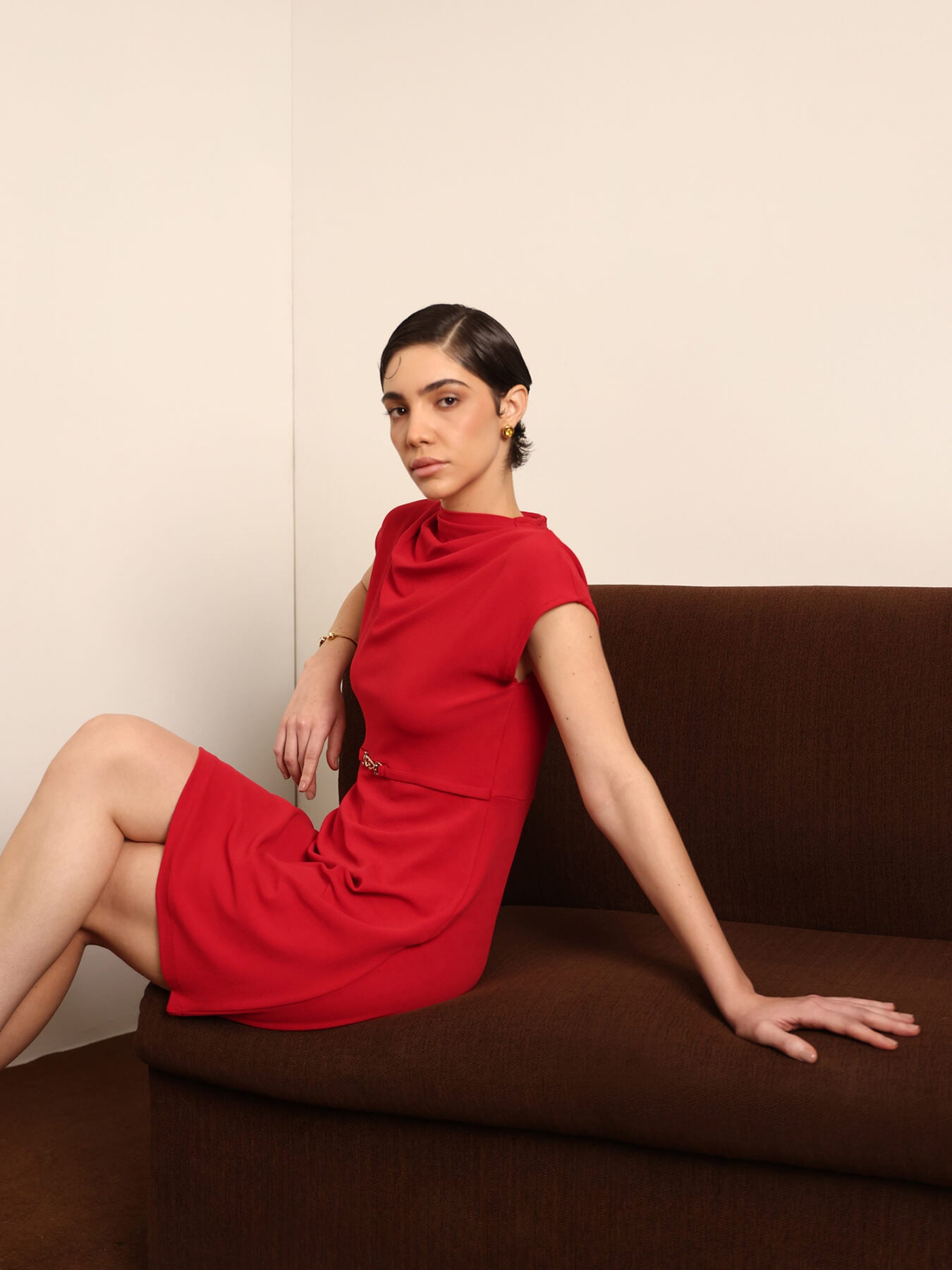Cowl Neck Shift Dress - Red