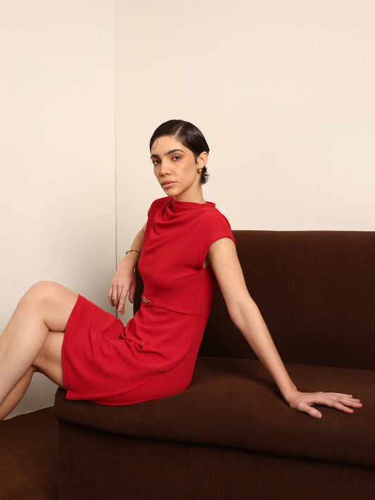 Cowl Neck Shift Dress - Red