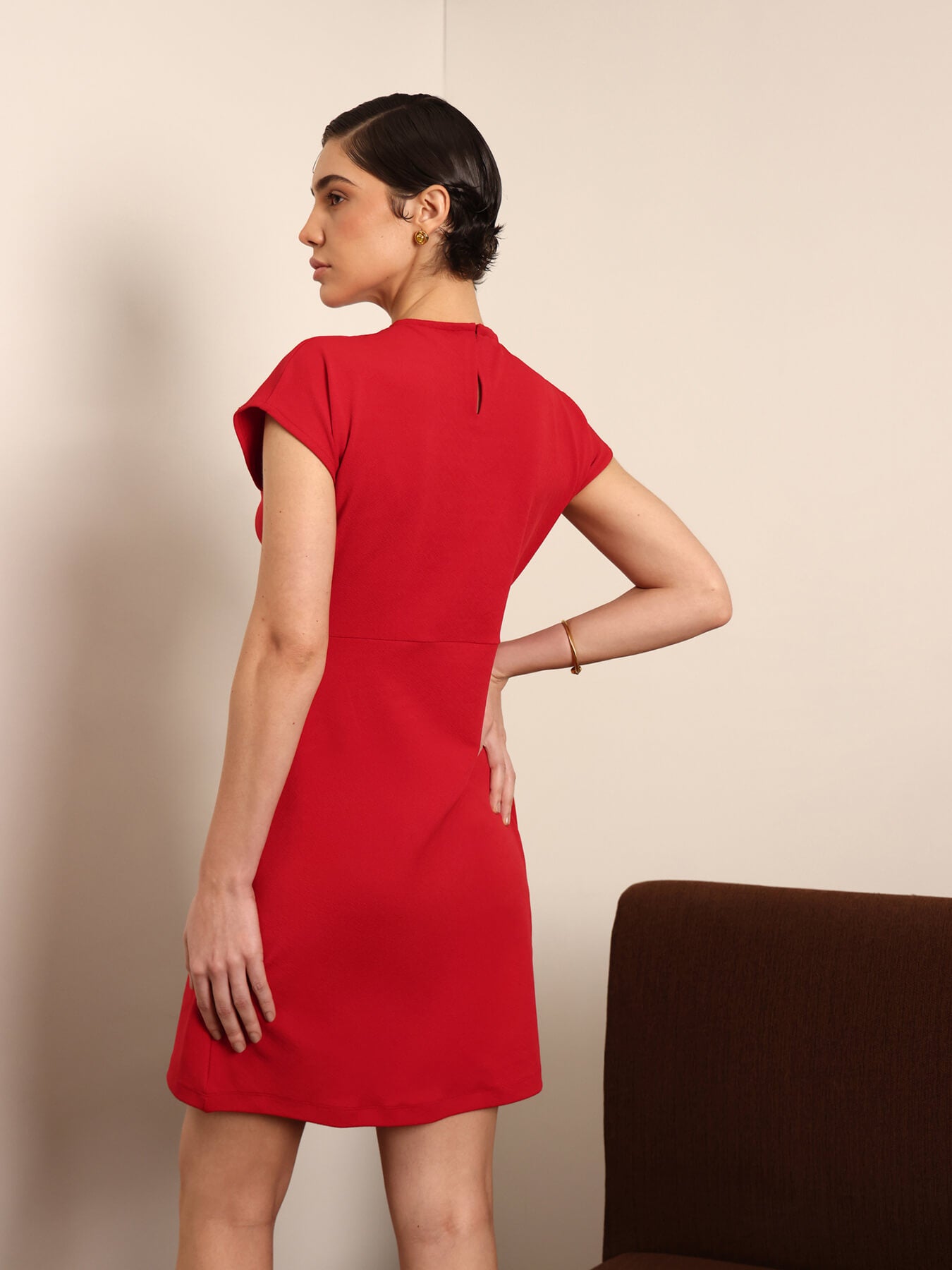 Cowl Neck Shift Dress - Red