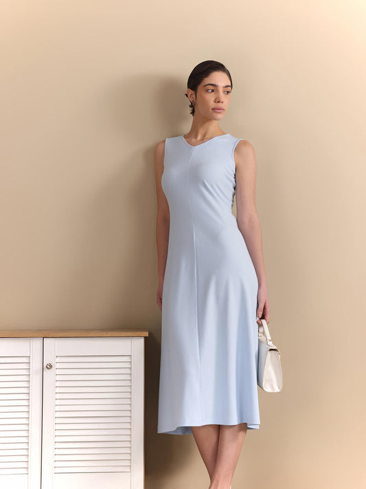 V-Neck Flared Midi Dress - Sky Blue