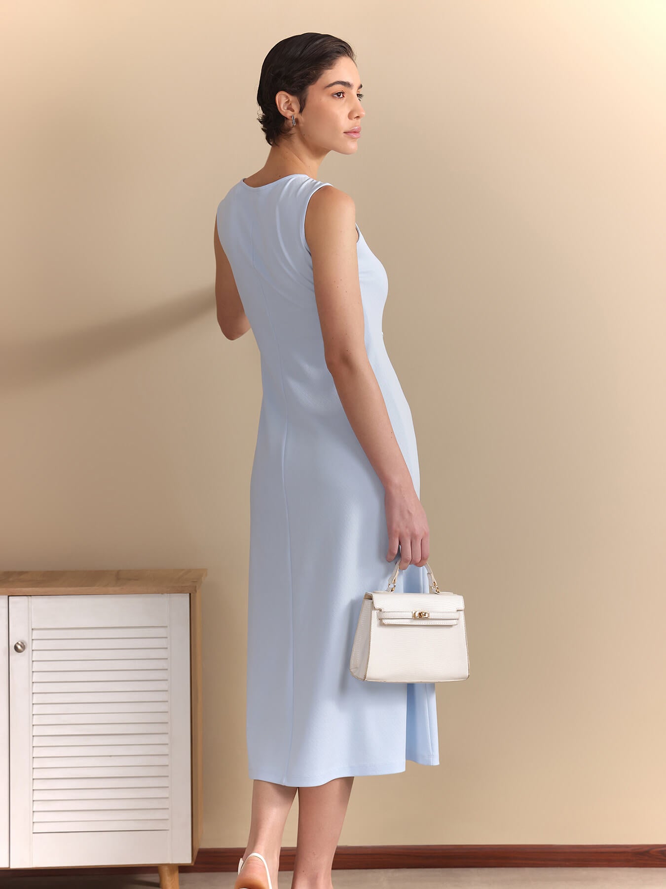 V-Neck Flared Midi Dress - Sky Blue