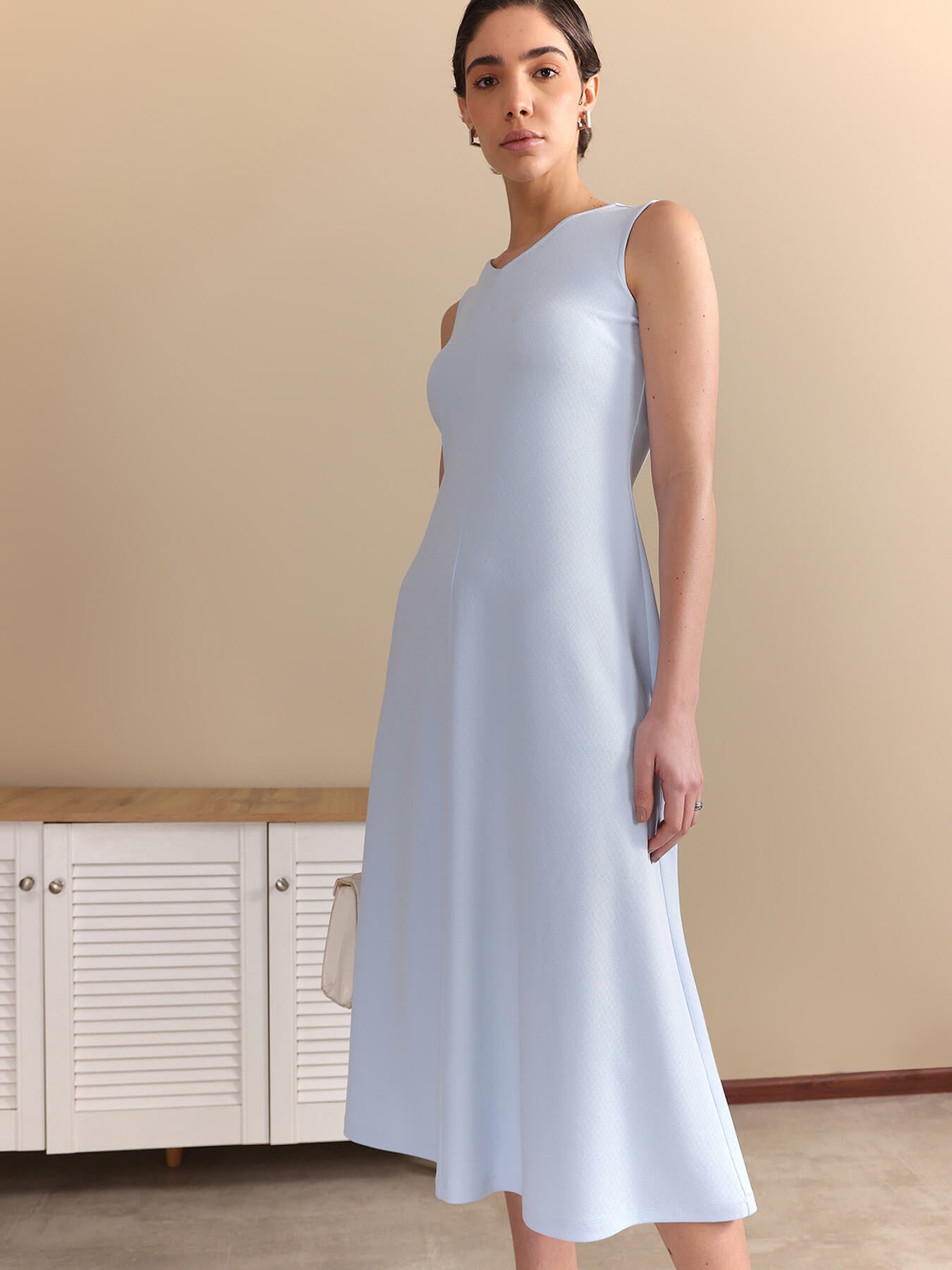 V-Neck Flared Midi Dress - Sky Blue