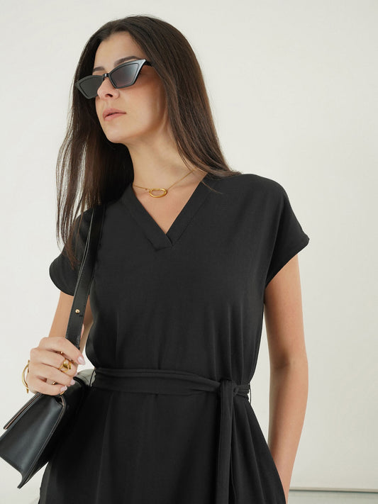 Pure Cotton A-Line Dress - Black