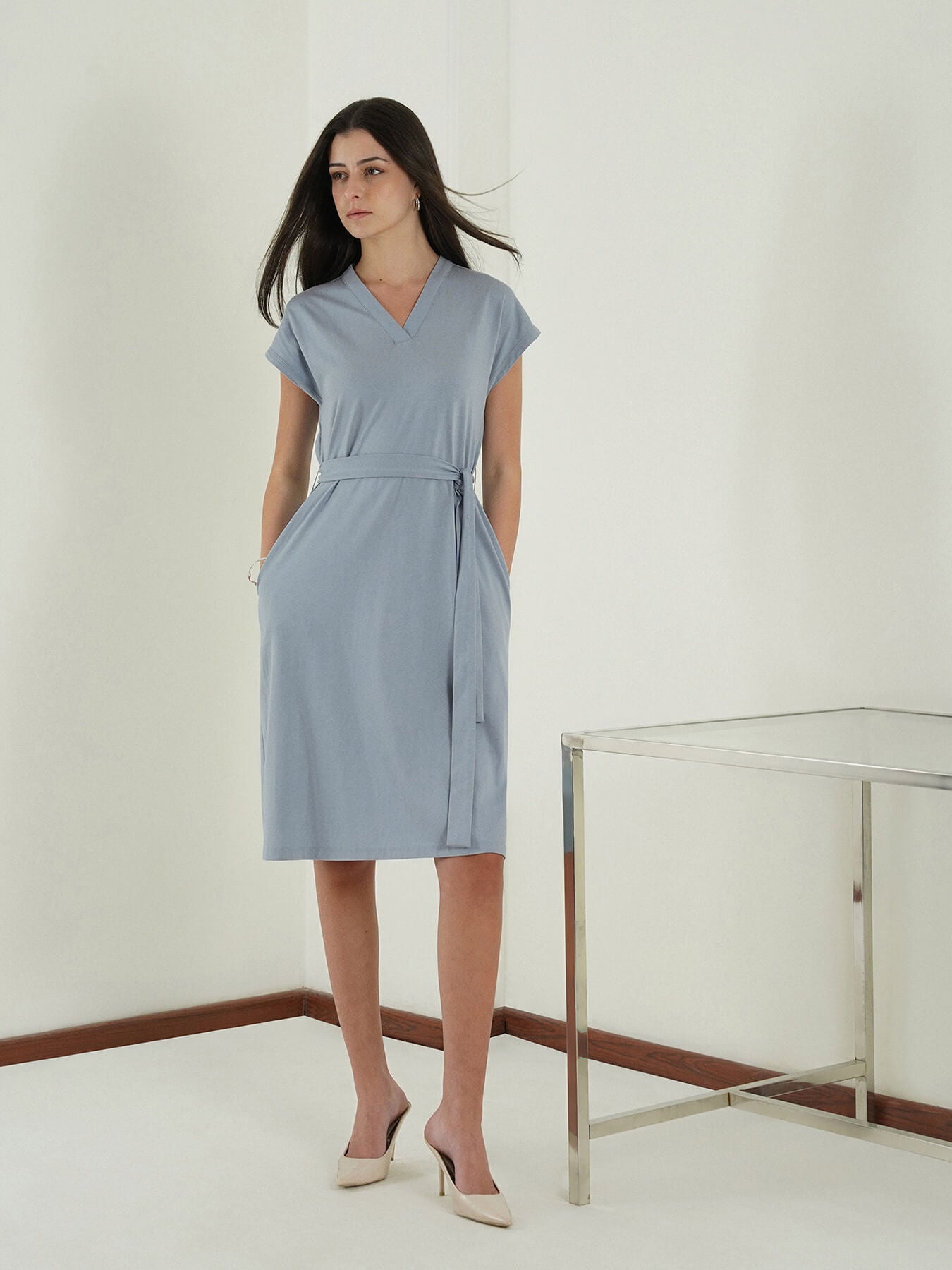 Pure Cotton A-Line Dress - Blue