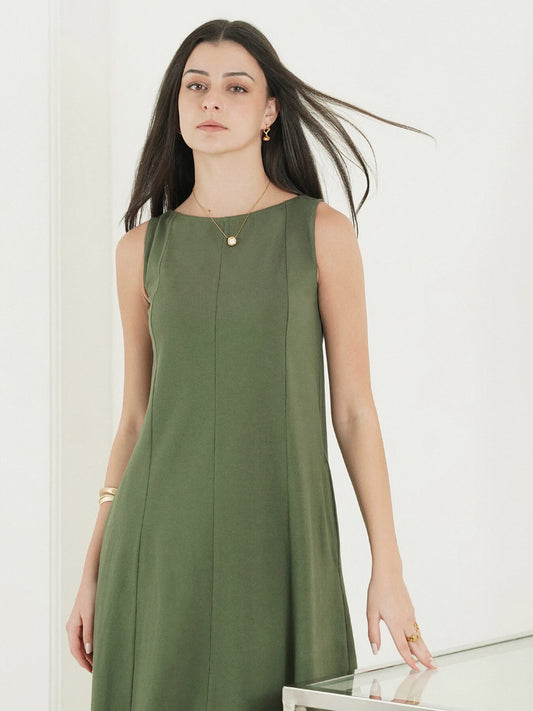 Pure Cotton A-Line Dress - Olive