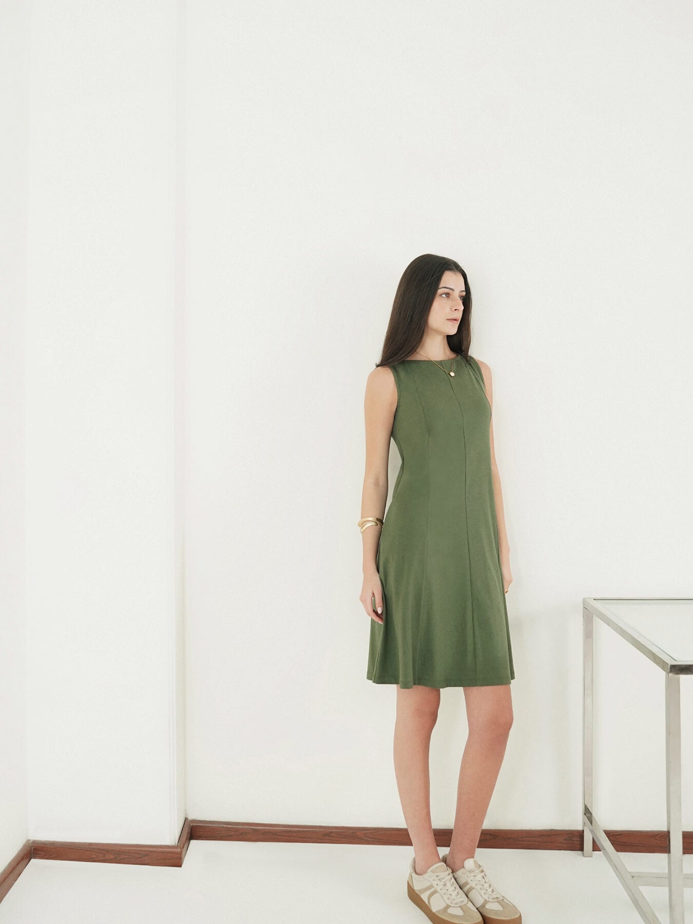 Pure Cotton A-Line Dress - Olive