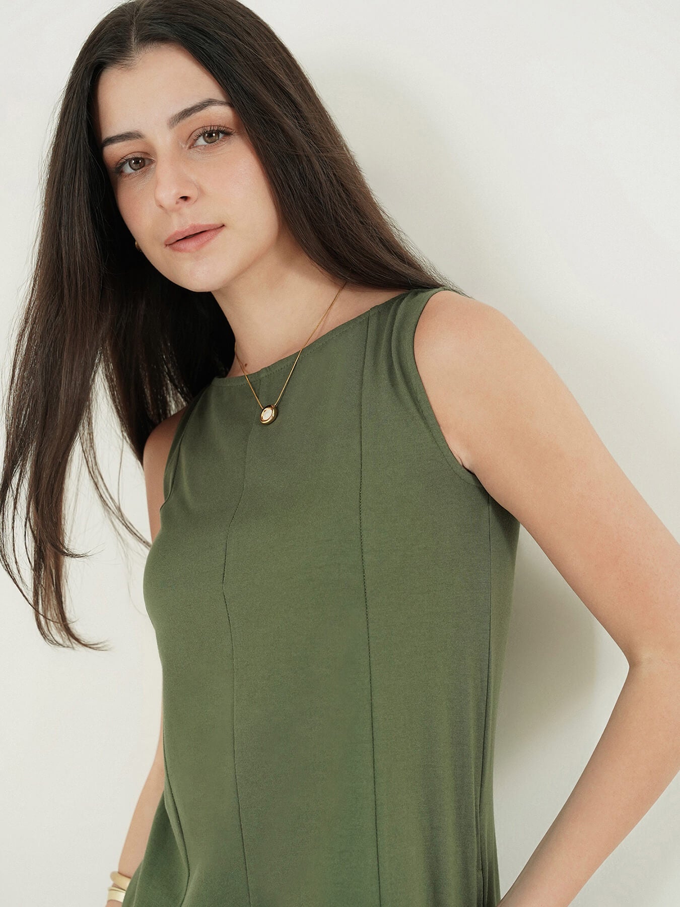 Pure Cotton A-Line Dress - Olive