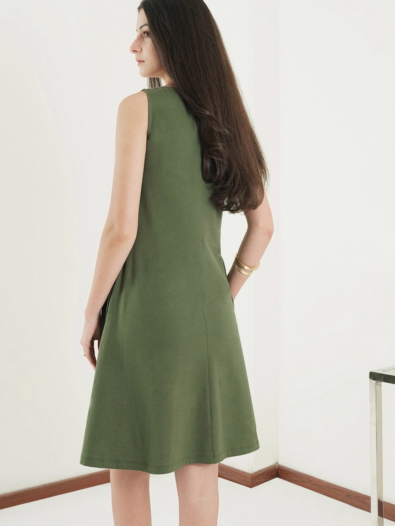 Pure Cotton A-Line Dress - Olive