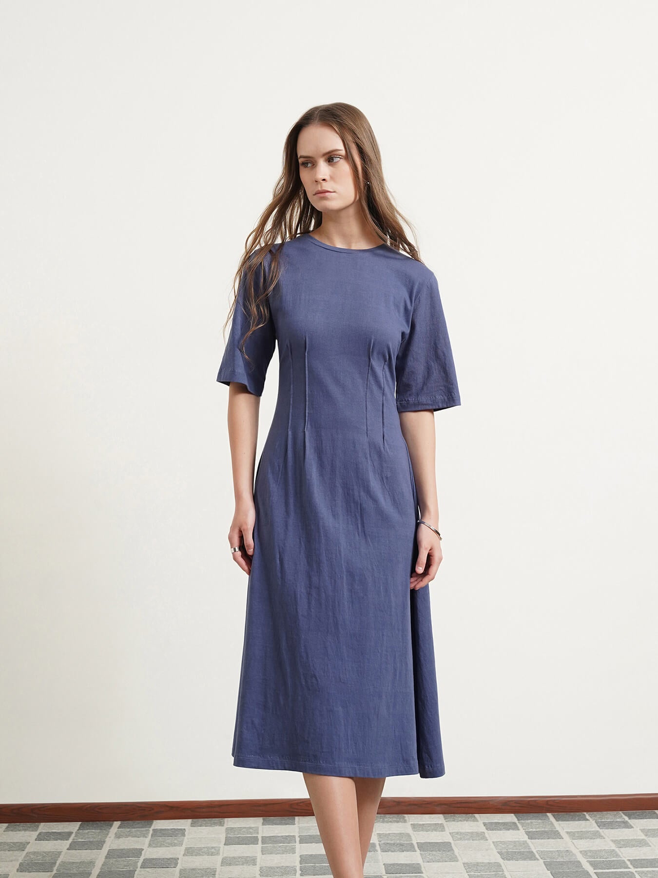 Cotton A-Line Midi Dress - Blue