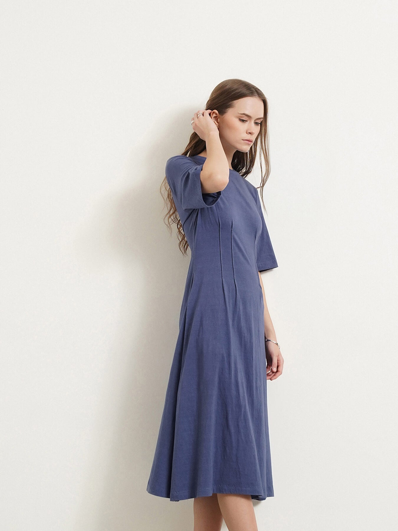 Cotton A-Line Midi Dress - Blue