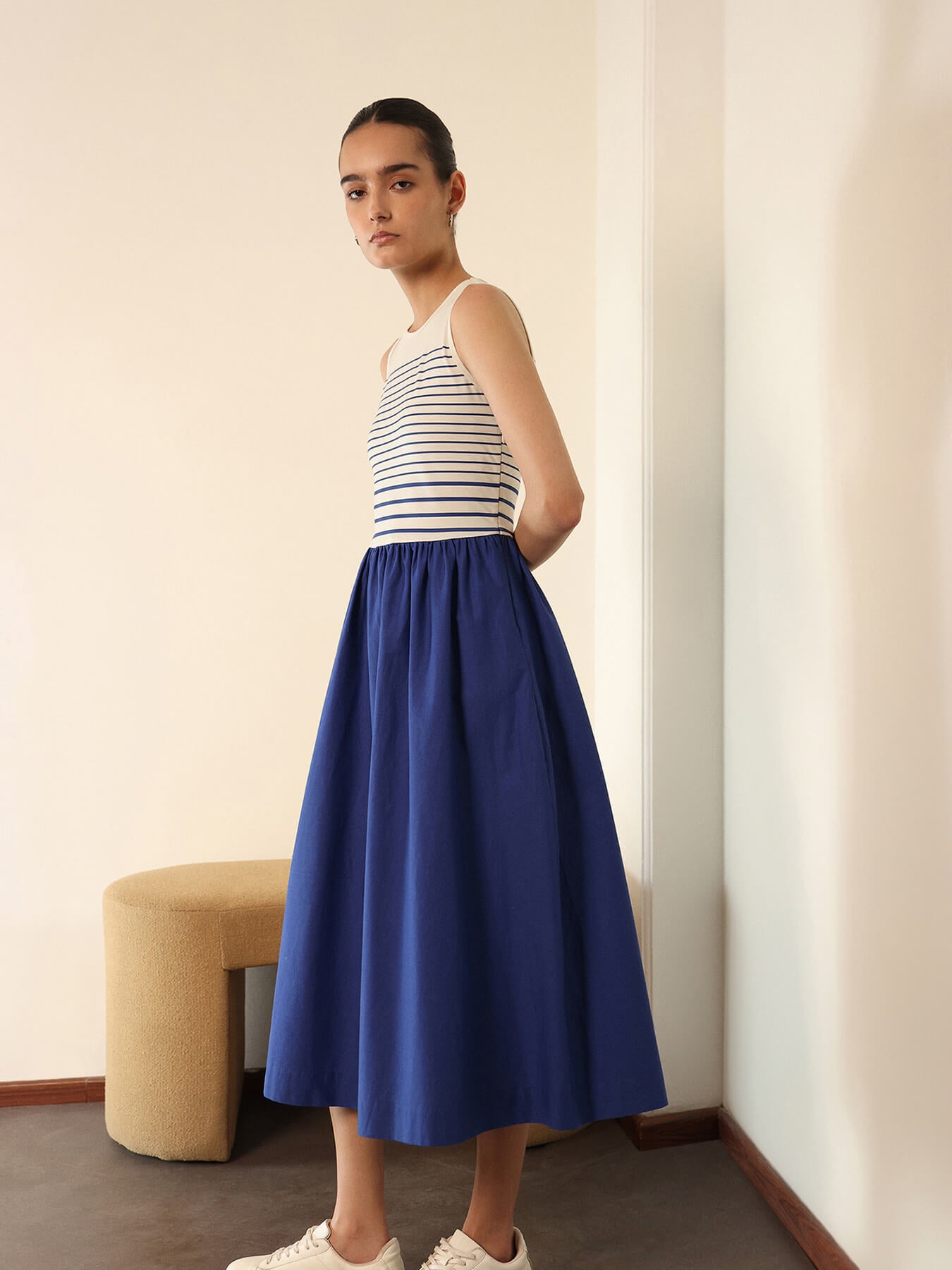 Cotton A-Line Midi Dress - Blue
