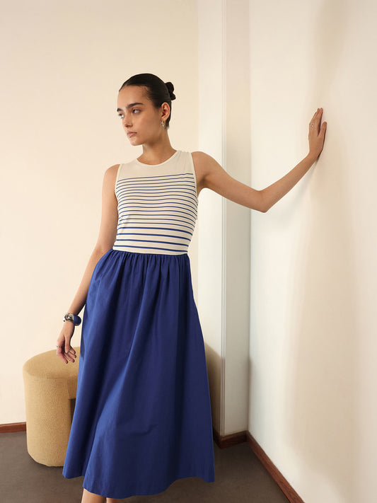 Cotton A-Line Midi Dress - Blue