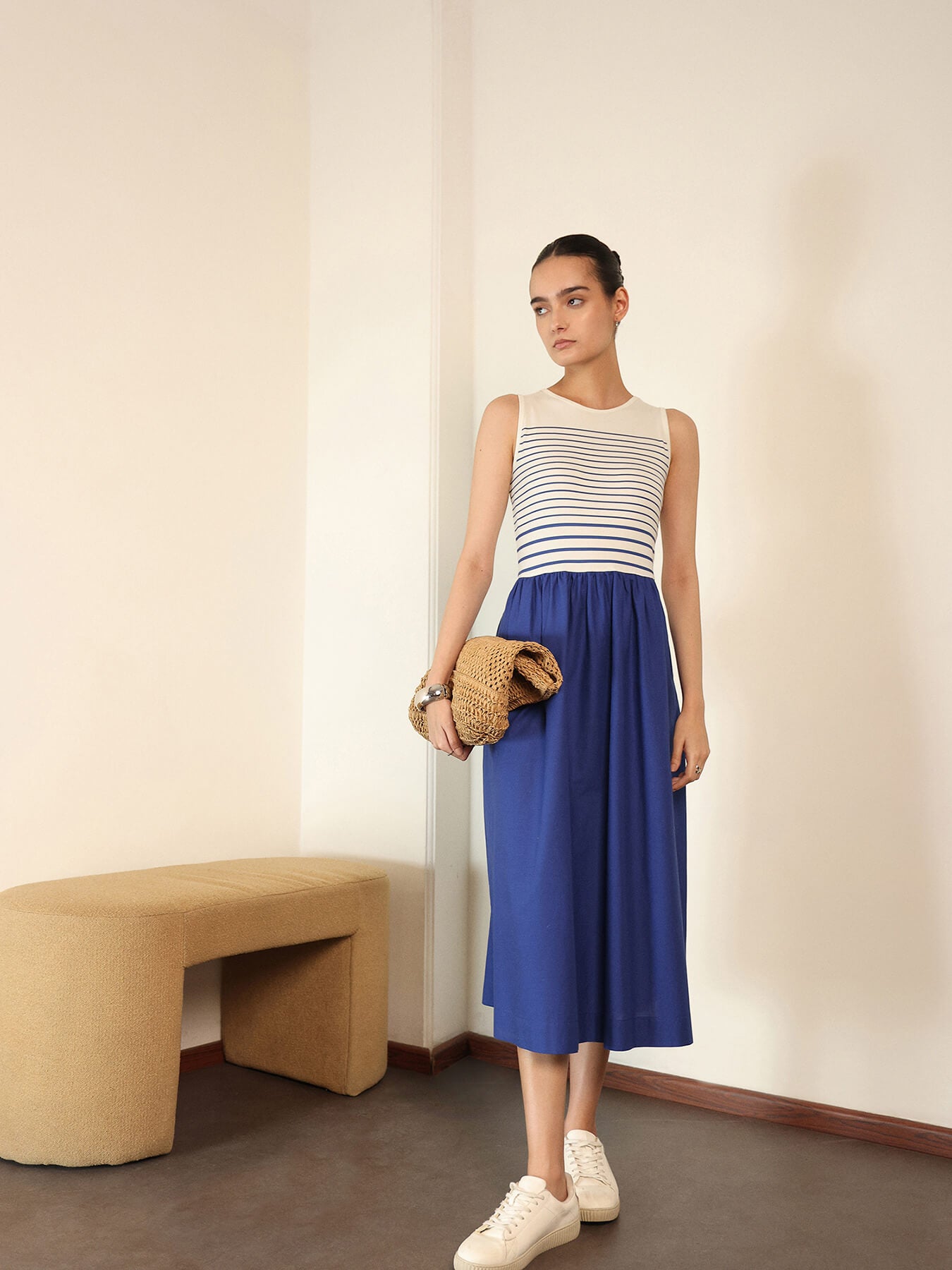 Cotton A-Line Midi Dress - Blue
