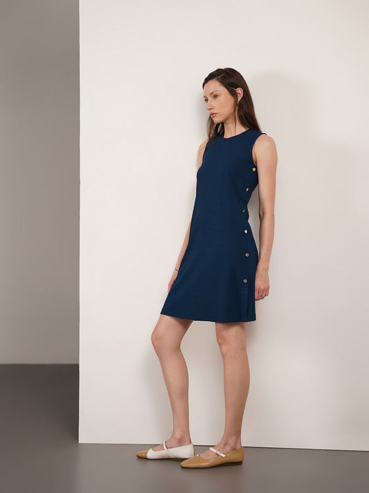 Round Neck Shift Dress - Blue