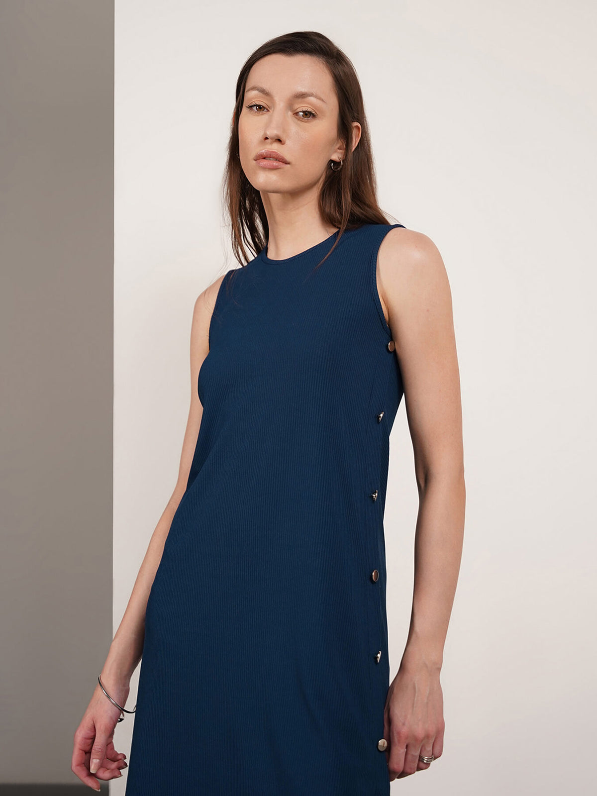 Round Neck Shift Dress - Blue