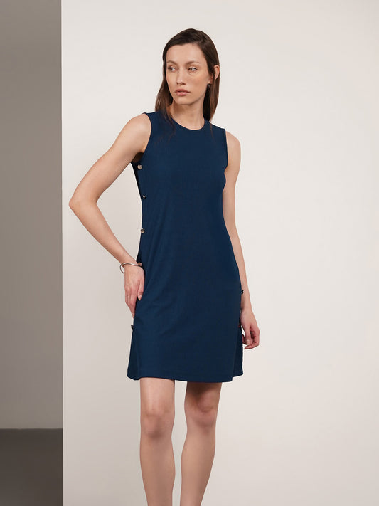 Round Neck Shift Dress - Blue