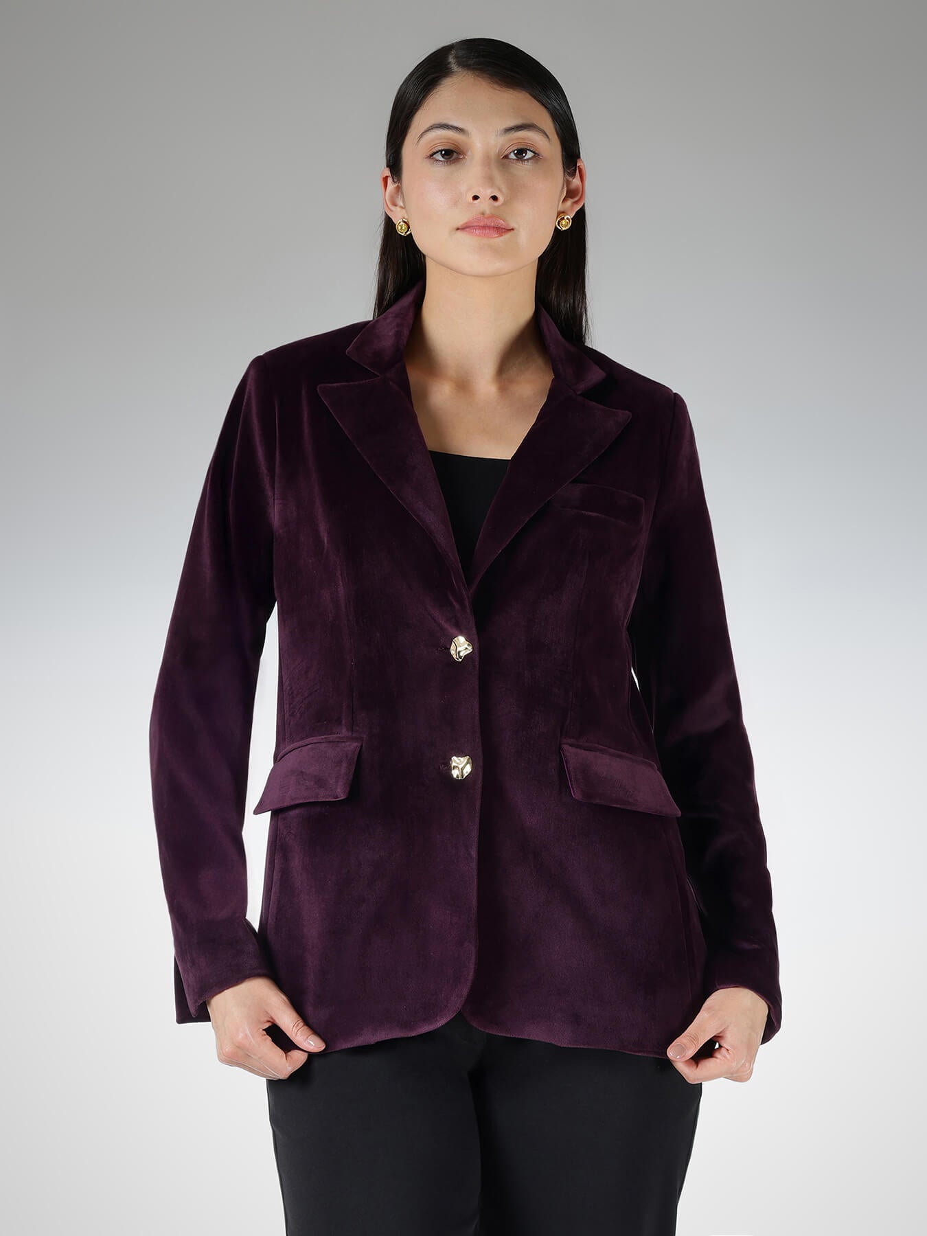Velvet Single Breasted Blazer - Plum