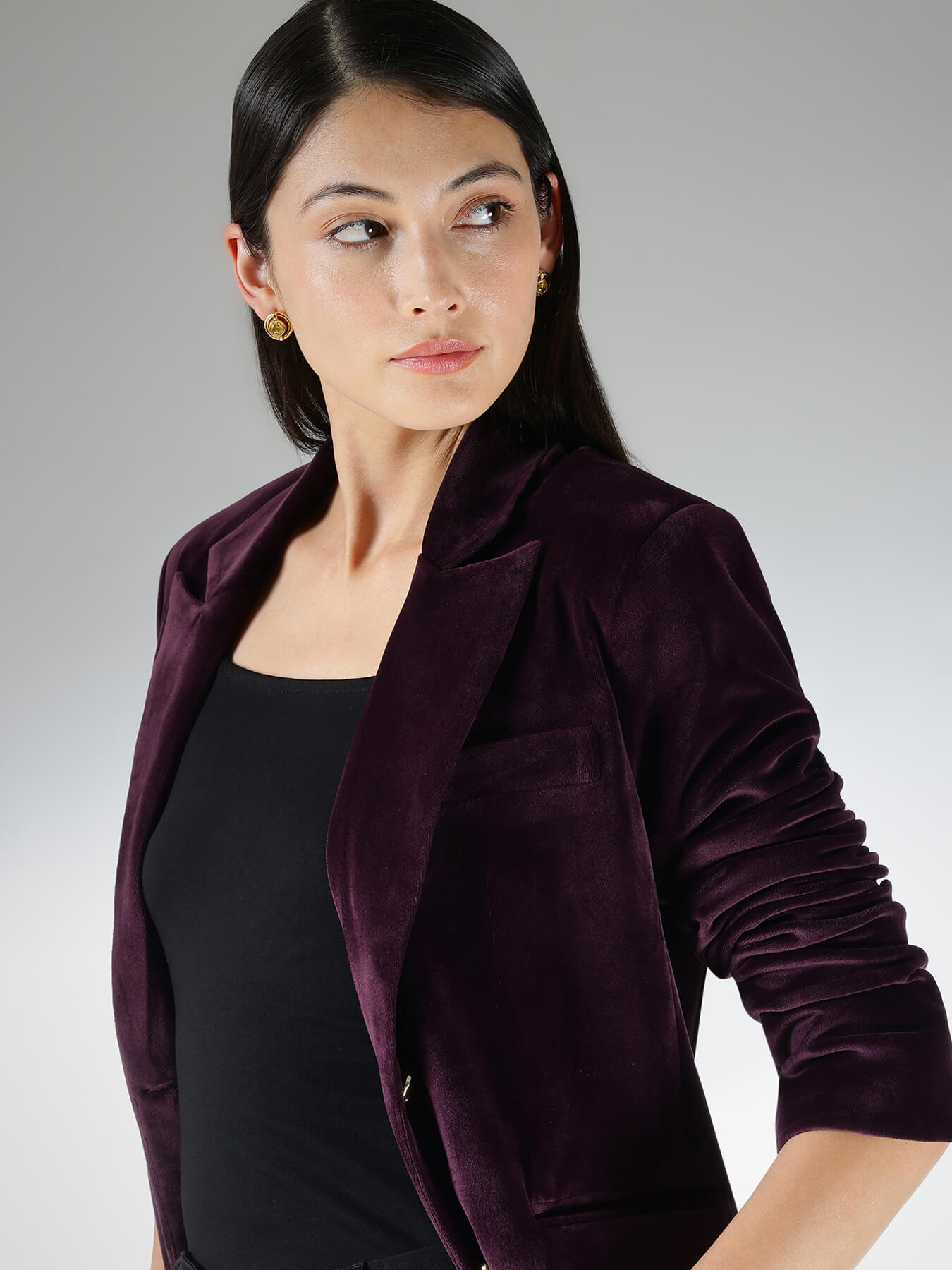 Velvet Single Breasted Blazer - Plum
