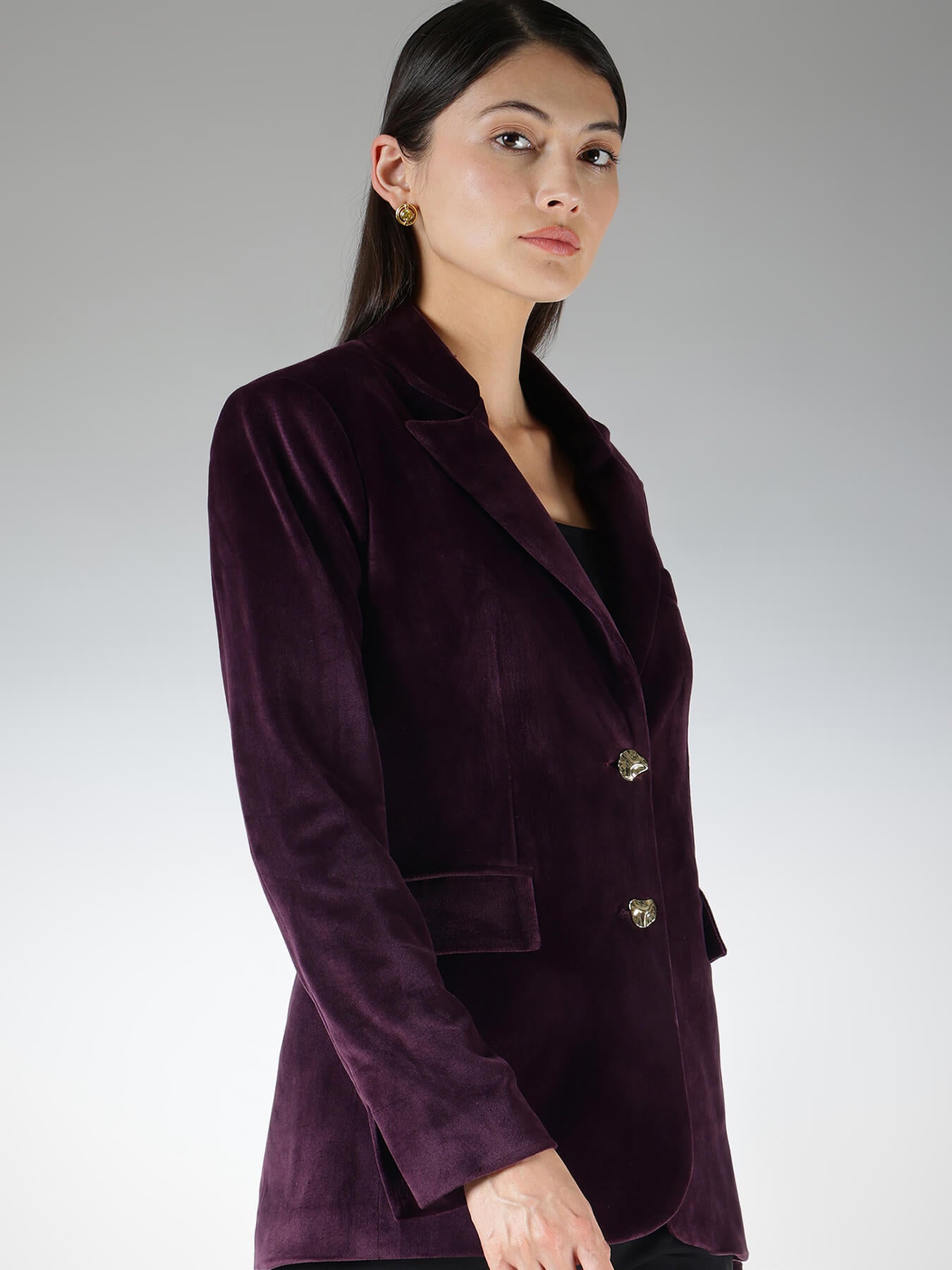 Velvet Single Breasted Blazer - Plum