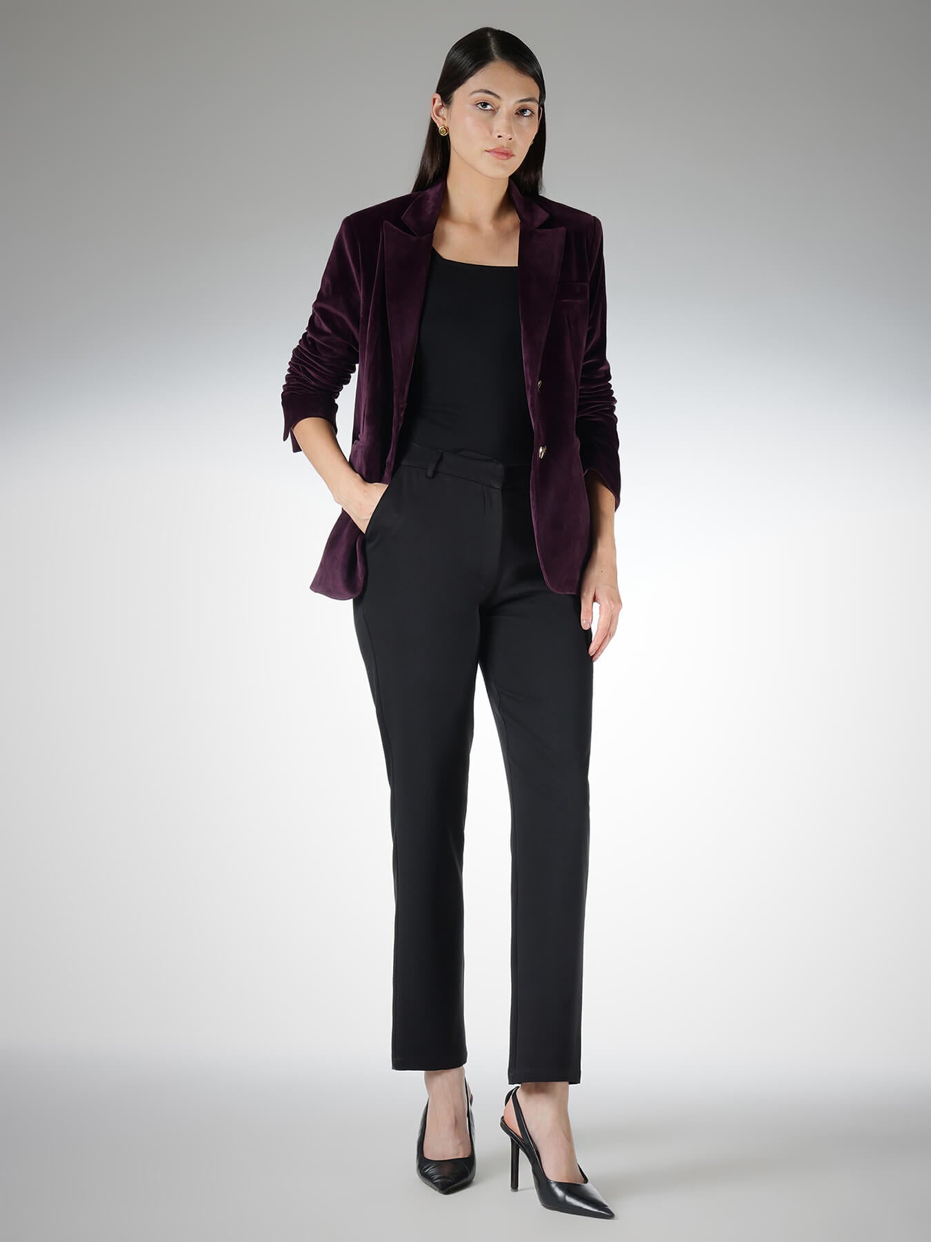 Velvet Single Breasted Blazer - Plum