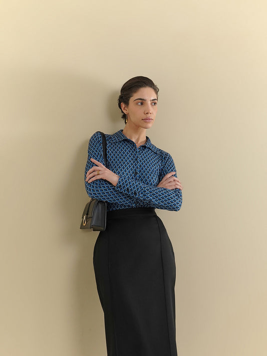 Geometric Print Knit Shirt - Blue