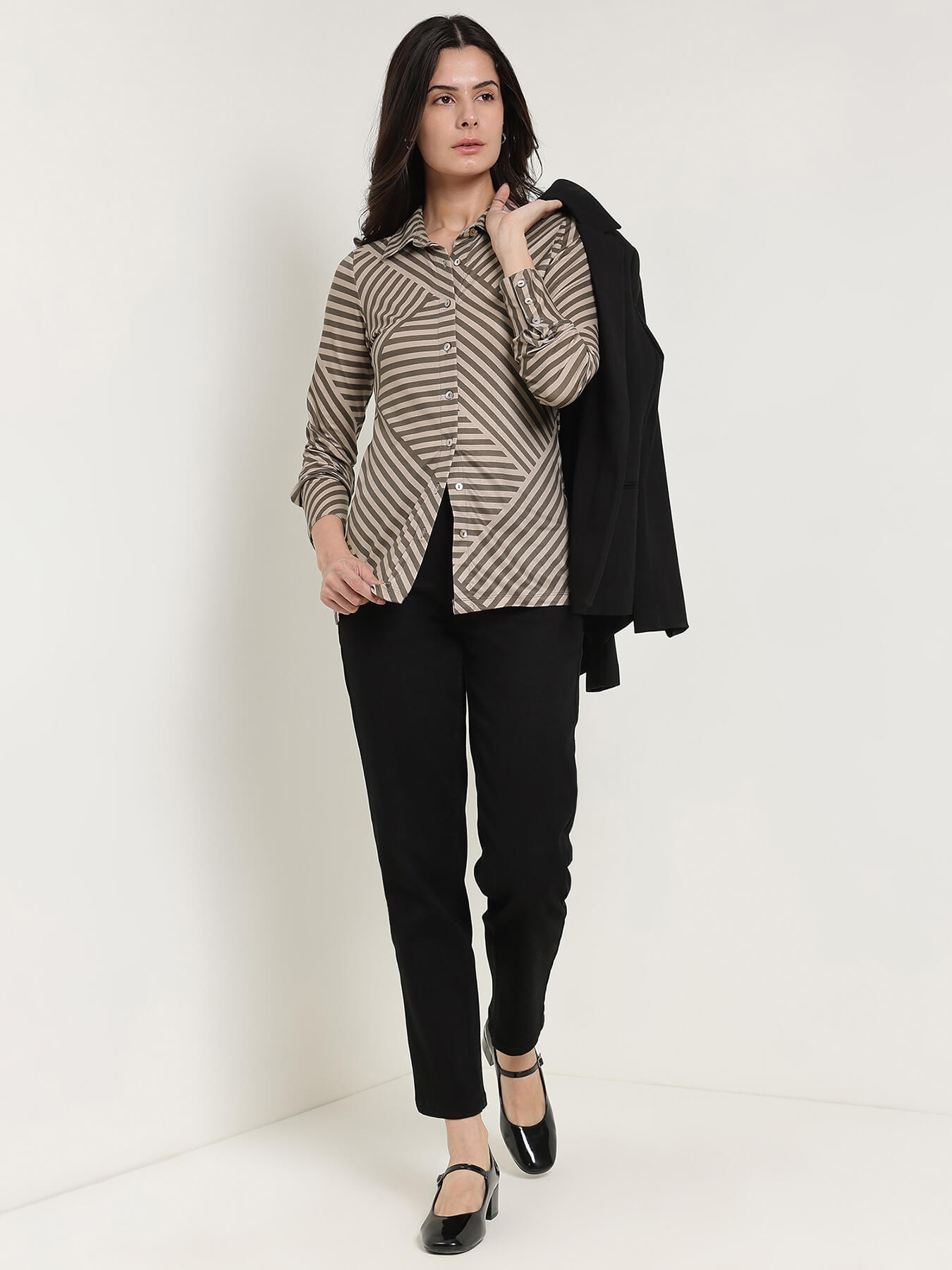 Striped Knit Shirt - Beige