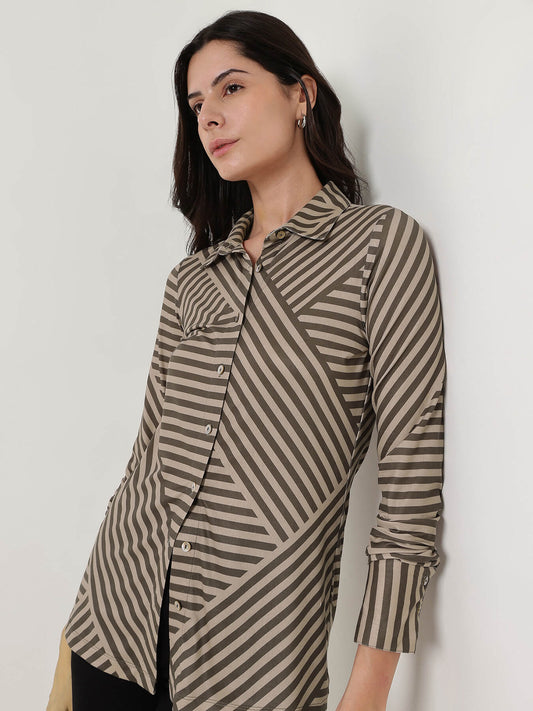 Striped Knit Shirt - Beige