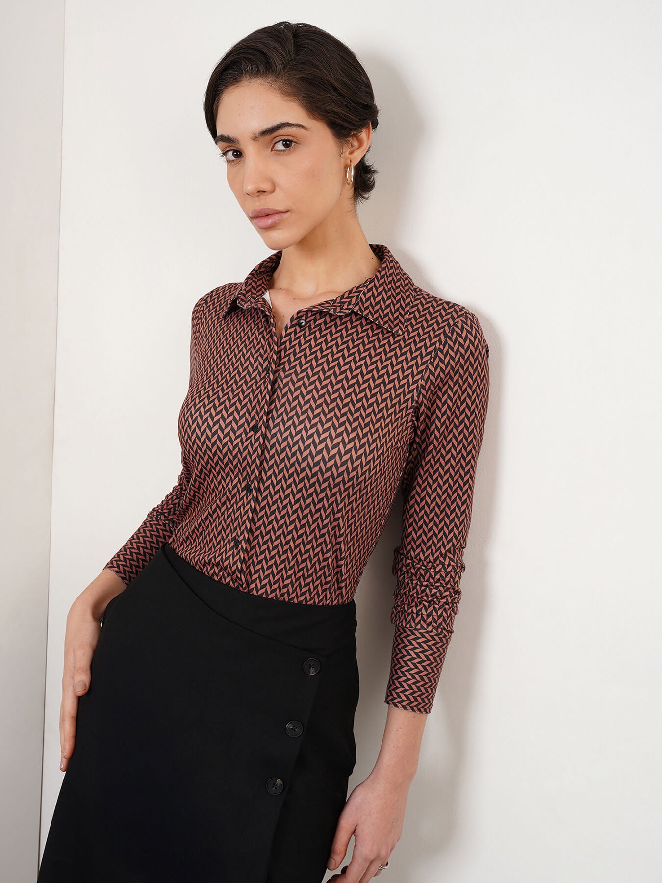 Geometric Print Knit Shirt - Dusty Pink