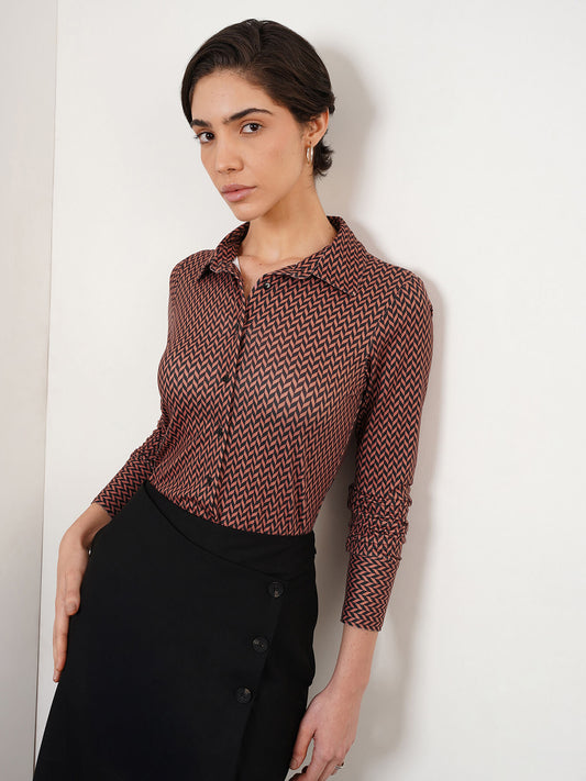 Geometric Print Knit Shirt - Dusty Pink