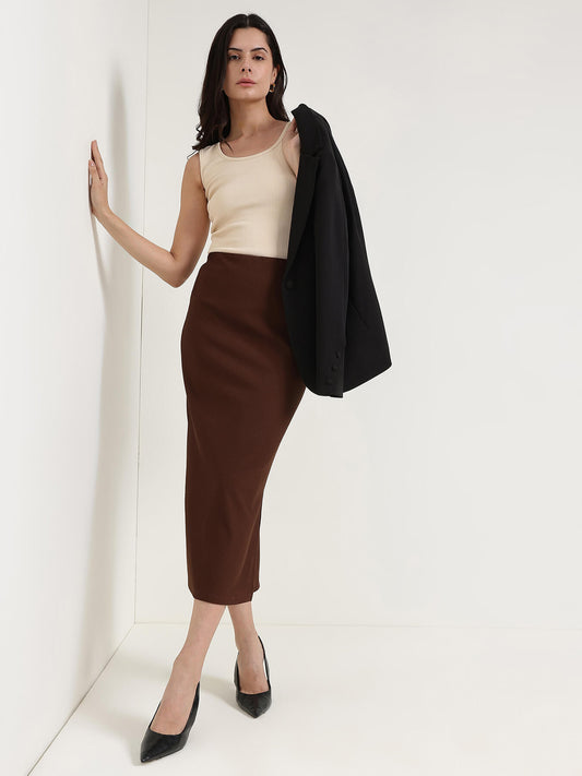 Side Slit Pencil Skirt - Brown