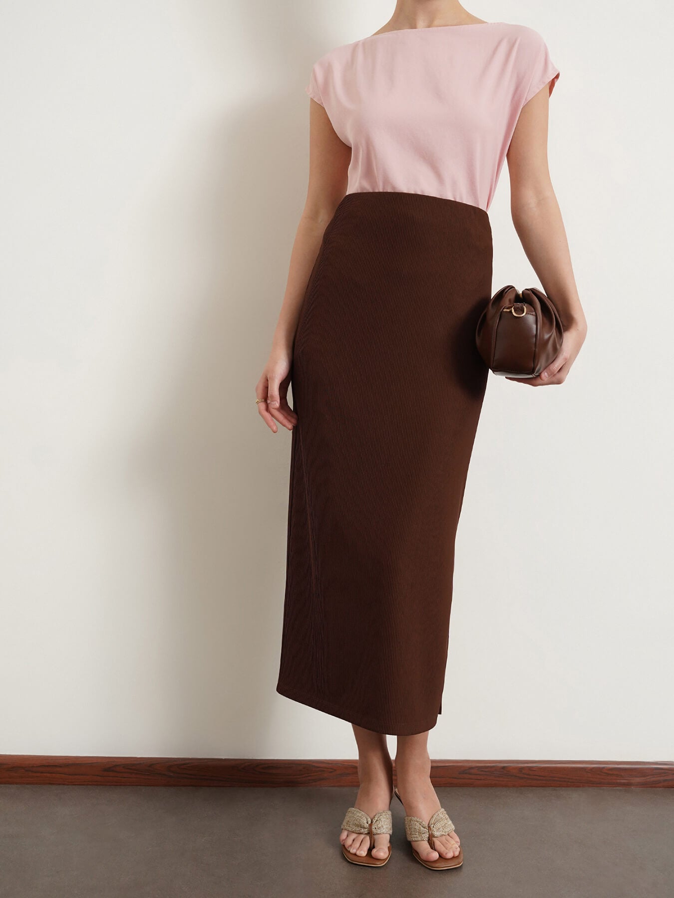 Side Slit Pencil Skirt - Brown