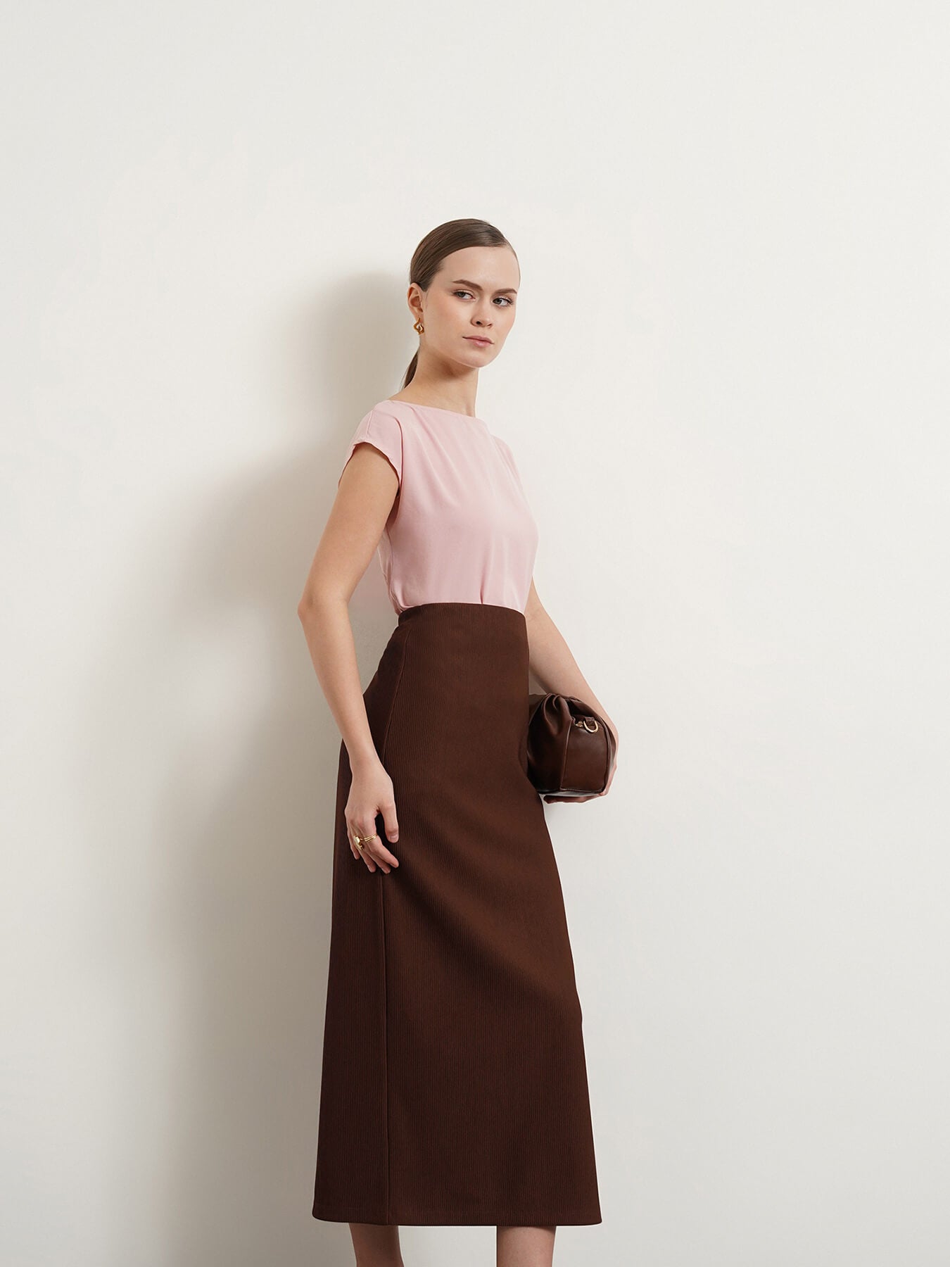 Side Slit Pencil Skirt - Brown