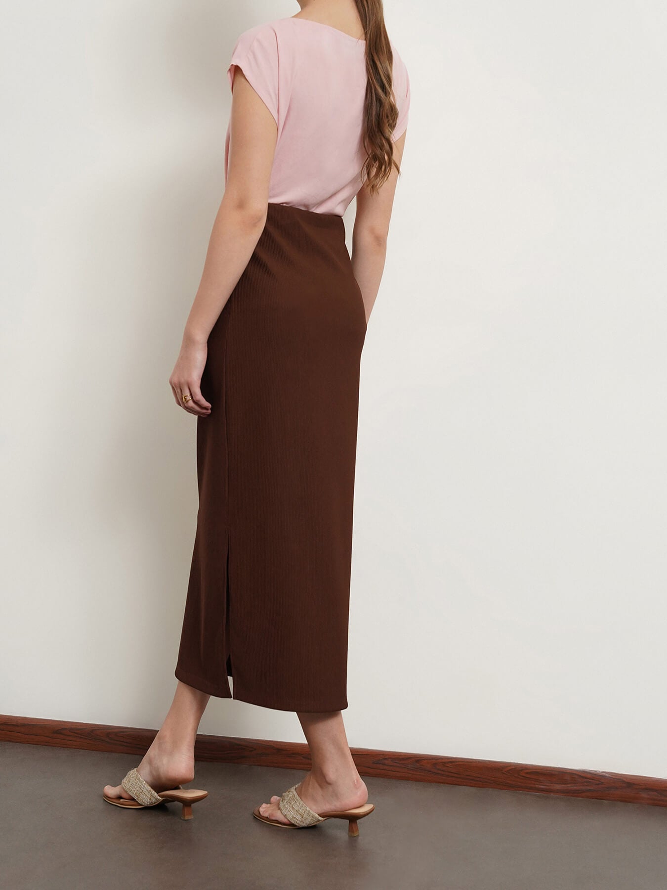 Side Slit Pencil Skirt - Brown