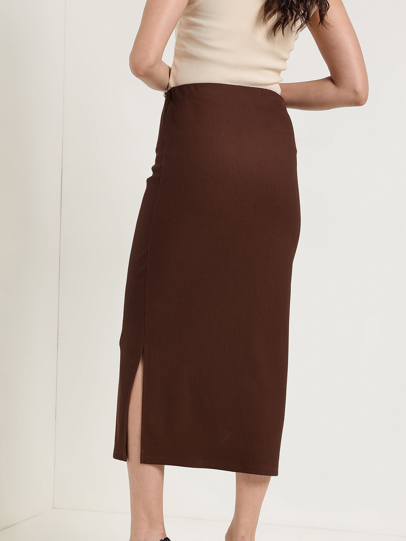 Side Slit Pencil Skirt - Brown