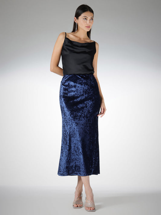 Velvet Mermaid Cut Midi Skirt - Navy Blue