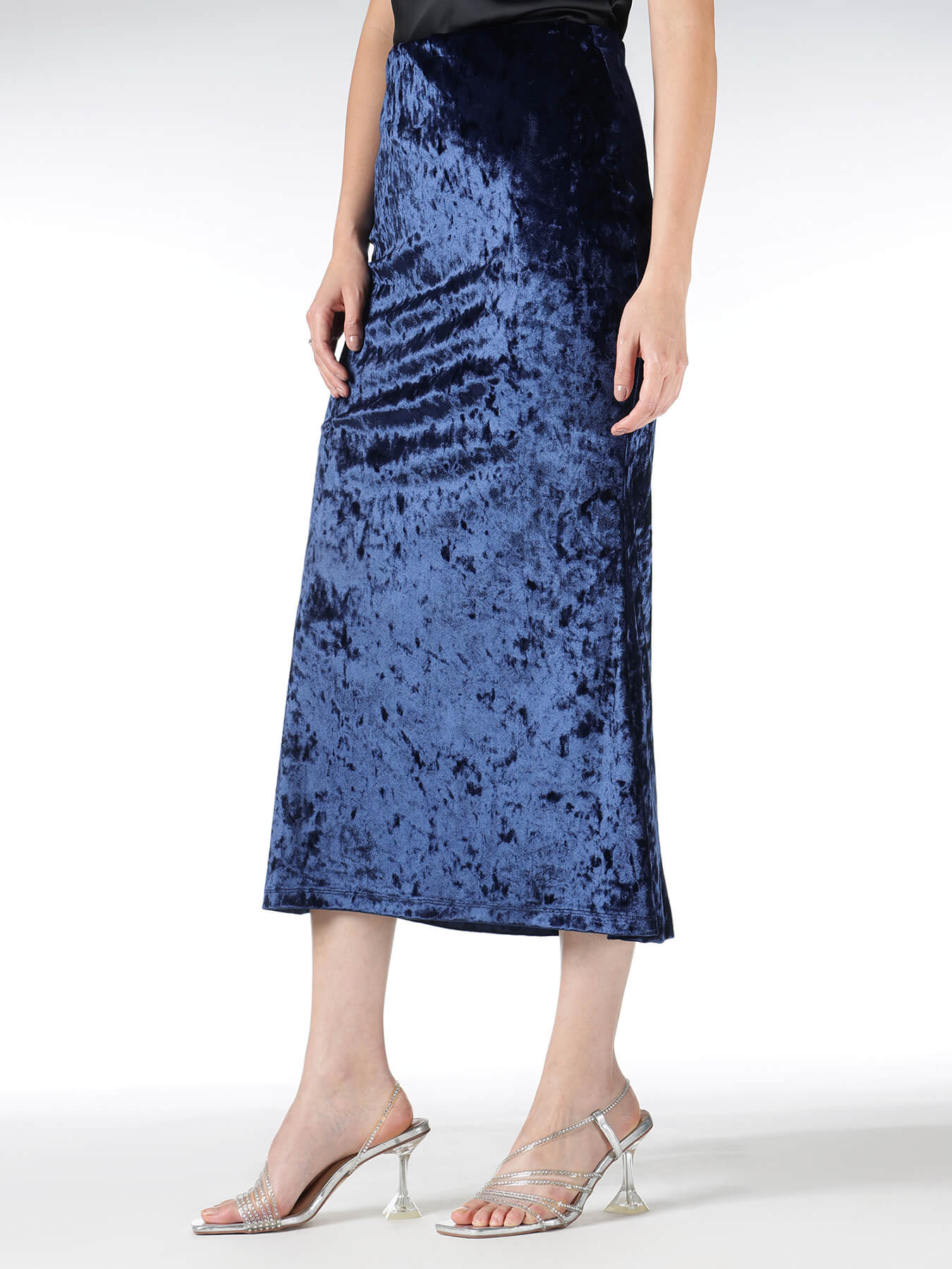 Velvet Mermaid Cut Midi Skirt - Navy Blue